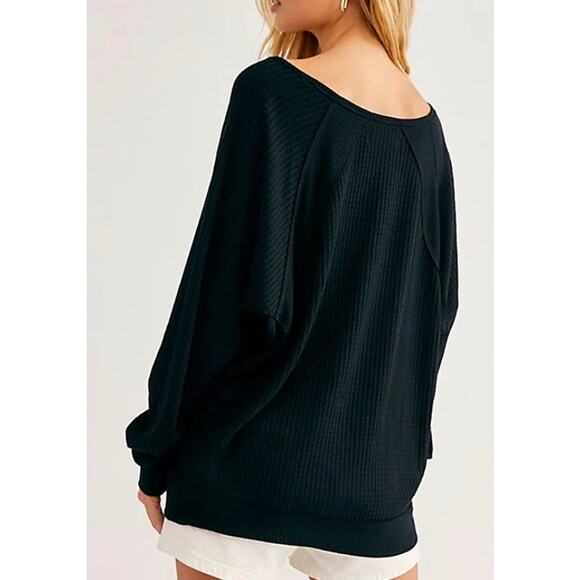 Free People Black Santa Clara Thermal Long Sleeve Womens L Oversized Fit V-Neck - Picture 2 of 8